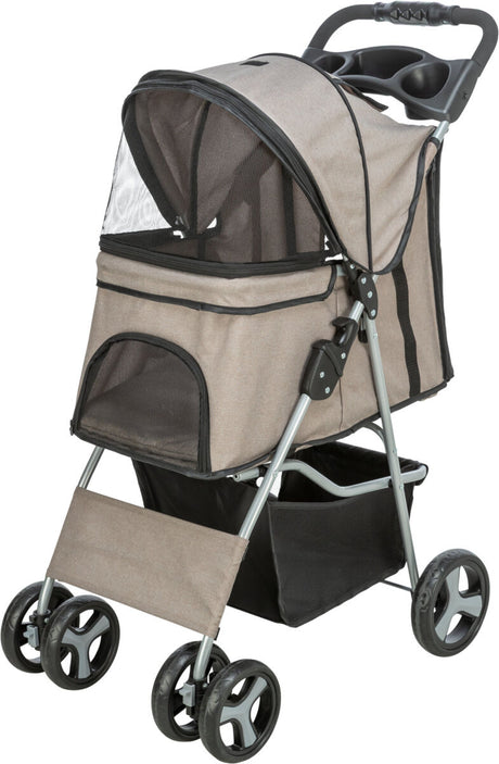 Ein beigefarbener Kinderwagen mit schwarzen Netzabdeckungen, vier Rädern und einem Griff für den Schiebevorgang.