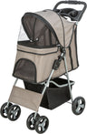 Ein beigefarbener Kinderwagen mit schwarzen Netzabdeckungen, vier Rädern und einem Griff für den Schiebevorgang.