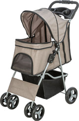 Ein beige- und schwarzer Kinderwagen mit vier Rädern, verstellbarem Baldachin und schwarzem Griff.