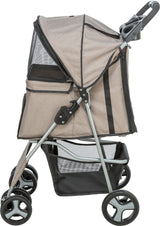 Beiger Kinderwagen mit schwarzem Netzgewebe, Metallrahmen und schwarzem Griff, vier Rädern und Netzkorb unten.
