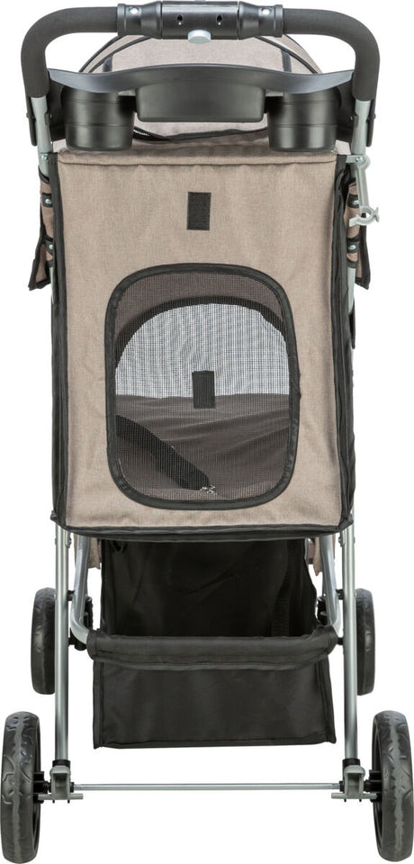 Ein beige-grauer Kinderwagen mit schwarzem Gestell und vier Rädern, vorderer Netzstoffeinsatz erkennbar.