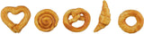 Fünf goldbraune Gebäckstücke in verschiedenen Formen: Herz, Spirale, Brezel, Hörnchen, Ring.