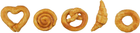 Fünf goldbraune Gebäckstücke in verschiedenen Formen: Herz, Spirale, Brezel, Hörnchen, Ring.