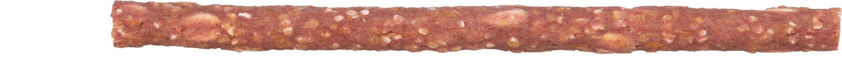 Bräunlicher, länglicher Snackriegel mit unregelmäßiger Oberfläche und kleinen hellen Stückchen.
