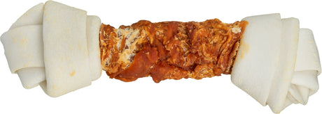 Kauknochen mit heller Oberfläche und braunem, fleischigem Mittelteil, rechteckig und symmetrisch.