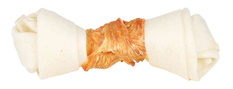 Weißer Kauknochen mit einer mittigen, spiralförmig gewickelten Fleischschicht in orange-bräunlicher Farbe.