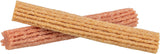Zwei übereinandergelegte, beige-rötliche, längliche Snacks mit geriffelter Struktur.