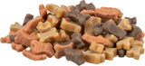 Ein Stapel von Keksen in Form von kleinen Knochen in den Farben Braun, Beige und Dunkelgrau.