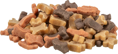 Ein Stapel von Keksen in Form von kleinen Knochen in den Farben Braun, Beige und Dunkelgrau.