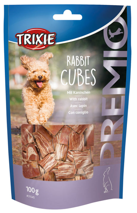Hundesnack-Verpackung mit laufendem Hund, der Text "Rabbit Cubes" und ein Fenster mit Würfeln zeigt, 100 g.