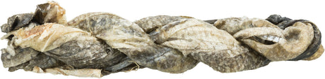 Geflochtenes Objekt aus getrocknetem Material in verschiedenen Grautönen.