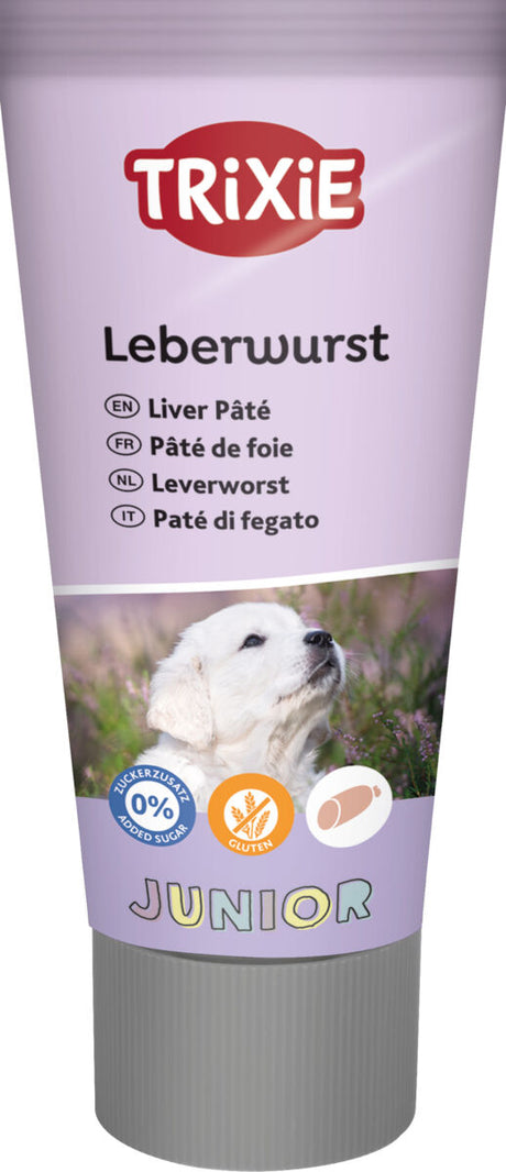 Trixie Leberwurst-Tube mit Welpenbild und "Junior" Aufschrift zeigt glutenfrei und zuckerfrei Symbole.
