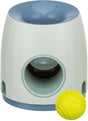Weißer Automat mit blauem oberen Teil und gelbem Ball mit Struktur.