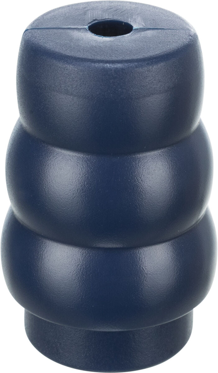 Blauer, stufiger, zylinderförmiger Gummigegenstand mit Loch oben, Oberfläche glatt und glänzend.