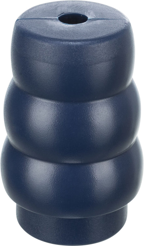 Blauer, stufiger, zylinderförmiger Gummigegenstand mit Loch oben, Oberfläche glatt und glänzend.