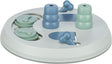 Rundes Spielzeug für Hunde in Grau und Blau mit beweglichen Teilen und Knochenmotiven.