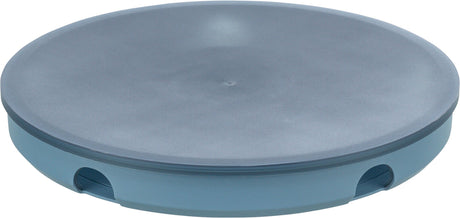 Runde, flache Scheibe aus blauem Kunststoff mit kleinen Öffnungen am Rand.