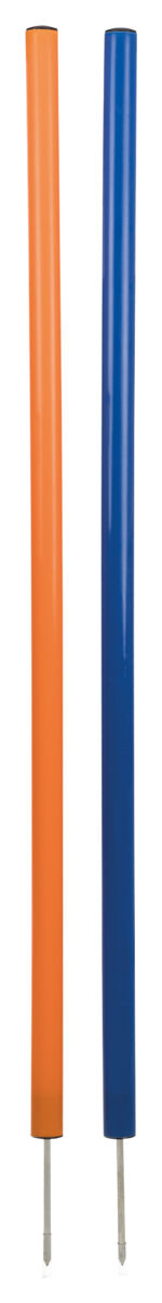 Zwei lange Stäbe, einer orangefarben, der andere blau, beide mit metallischen Enden.