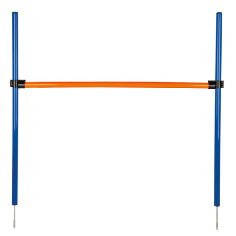 Zwei blaue Stangen mit einer orangefarbenen Querstange in der Mitte, befestigt durch schwarze Clips.