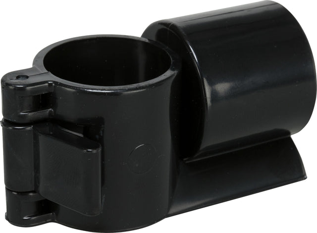 Schwarze, zylindrische Kunststoffklemme mit Scharniermechanismus und Befestigungsloch.