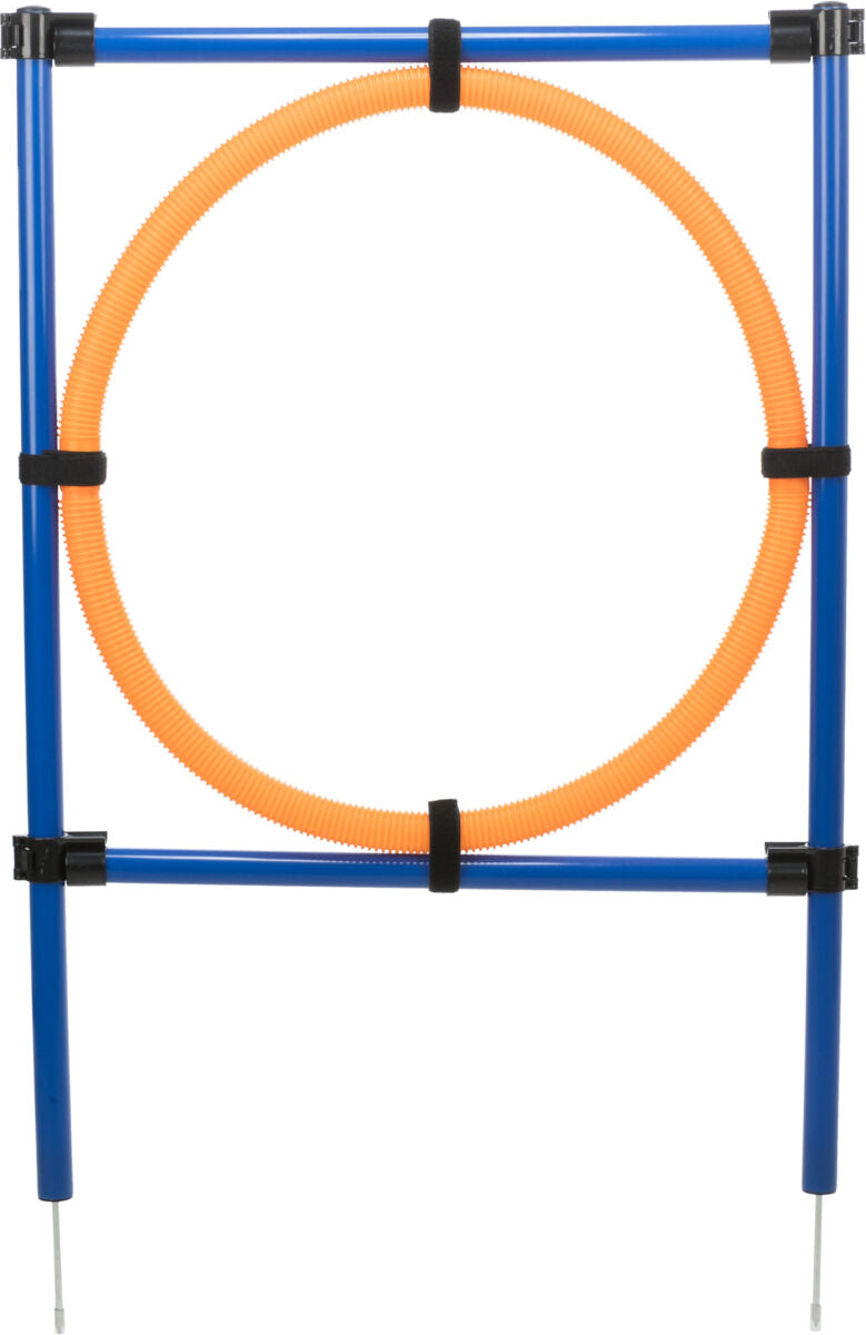 Blauer Rahmen mit orangenem Ring, der durch schwarze Befestigungsbänder gehalten wird, aufrecht stehend.