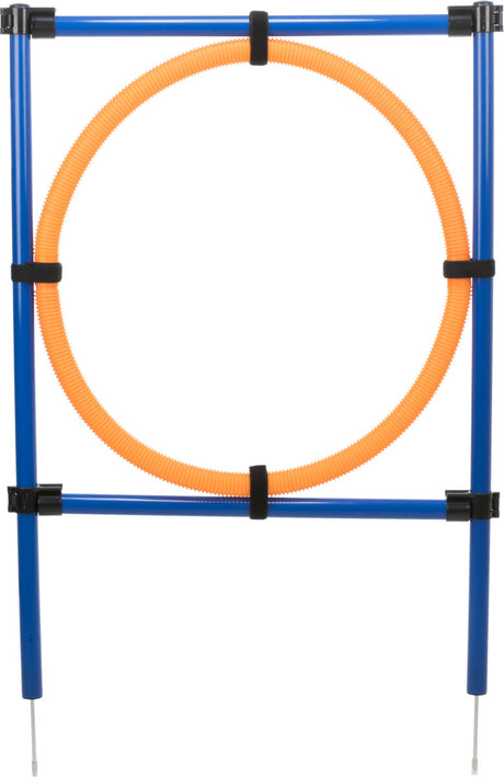 Blauer Rahmen mit orangenem Ring, der durch schwarze Befestigungsbänder gehalten wird, aufrecht stehend.