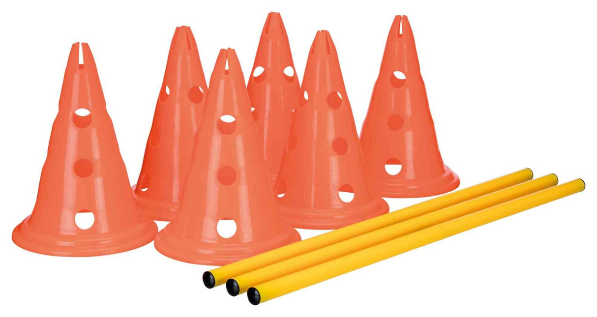 Acht orange Hütchen mit Löchern neben drei gelben Stangen mit schwarzen Enden.
