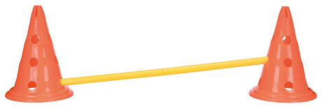 Zwei orangefarbene Kegel mit Löchern, verbunden durch eine gelbe Stange.