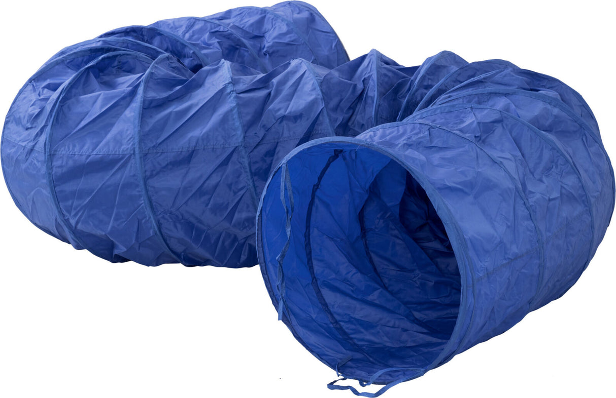Blauer Spieltunnel mit gewellter Struktur, aus leichtem Material gefertigt und für Haustiere geeignet.