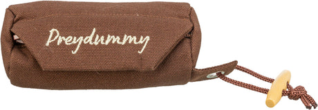 Brauner Leinenbeutel mit aufgesticktem Text "Preydummy" und einem befestigten Kordelzug mit Holzgriff.