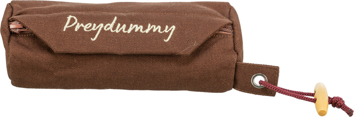 Braunes Leinenetui mit der Aufschrift "Preydummy", roter Kordel und Holzgriff, Reißverschluss sichtbar.