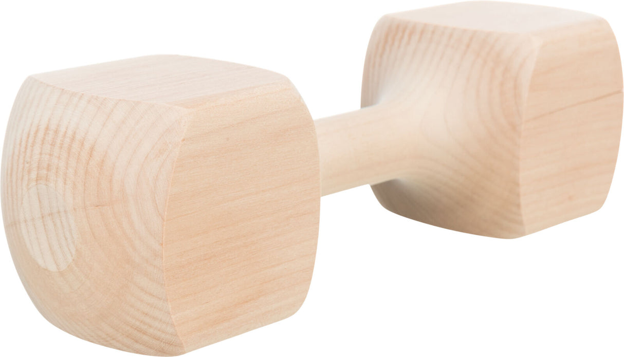 Holzhantel mit naturbelassener Oberfläche und verdickten Enden, glatte Oberfläche, rechteckige Formen.