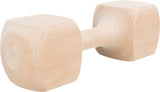 Holzhantel mit naturbelassener Oberfläche und verdickten Enden, glatte Oberfläche, rechteckige Formen.