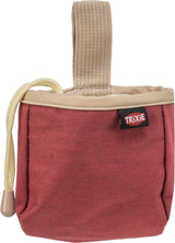 Rote Tasche mit beige abgesetztem Rand, Aufhängeschlaufe und Kordelzug, schwarzes Logo mit "TRIXIE"-Aufdruck.