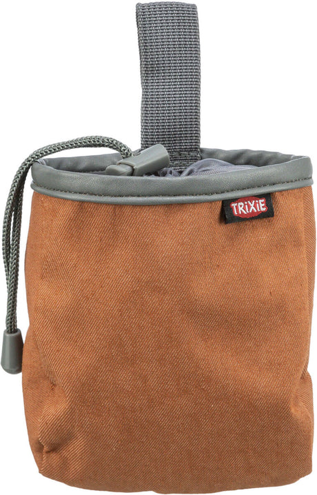 Brauner Leckerlibeutel mit grauem Rand, Kordelzug und befestigter Schlaufe.