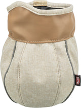 Zylinderförmiger, beige-brauner Behälter mit Textilstruktur und Markenetikett.