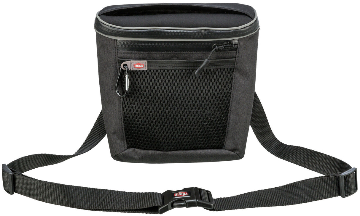 Schwarze Tasche mit Tragegurt und Netzfront, Reißverschluss und Label "Trixie" sichtbar, geeignet für Transport.