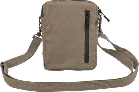 Beige Umhängetasche mit schwarzem Reißverschluss auf der Vorderseite und verstellbarem Schulterriemen.