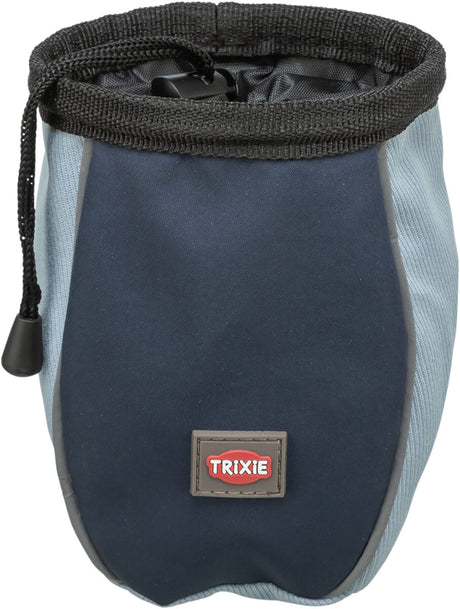 Blaue und graue Tasche mit schwarzem Zugverschluss oben und rotem "Trixie"-Logo auf der Vorderseite.