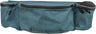 Blau-grüne Tasche mit mehreren Reißverschlüssen, aus Stoff mit sichtbarer Naht, zwei abgerundete Seitentaschen.