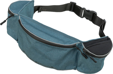 Blaue Gürteltasche mit schwarzen Reißverschlüssen und verstellbarem Gürtel, mehrere Fächer sichtbar.