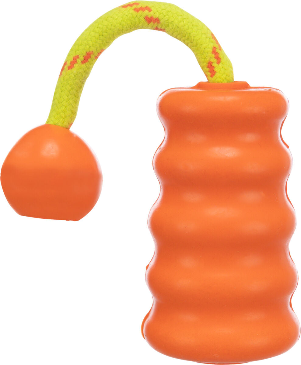 Orangefarbenes Spielzeug mit texturierter Oberfläche und einer gelben geflochtenen Schlaufe.