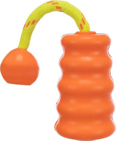 Orangefarbenes Spielzeug mit texturierter Oberfläche und einer gelben geflochtenen Schlaufe.