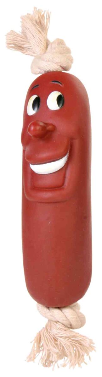 Spielzeug in Form einer roten Wurst mit Gesicht und Knoten an beiden Enden aus hellem Seil.