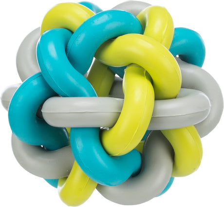 Mehrfarbiger, verschlungener Gummiball in Blau, Gelb und Grau.