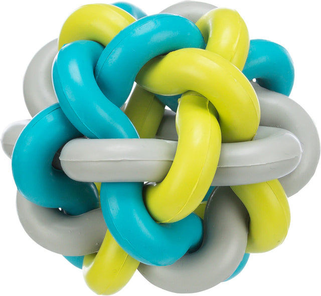 Mehrfarbiger, verschlungener Gummiball in Blau, Gelb und Grau.