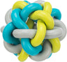 Mehrfarbiger, verschlungener Gummiball in Blau, Gelb und Grau.