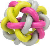 Runder Knotenball aus ineinander verschlungenen, dicken Schlaufen in Pink, Grau und Gelb.