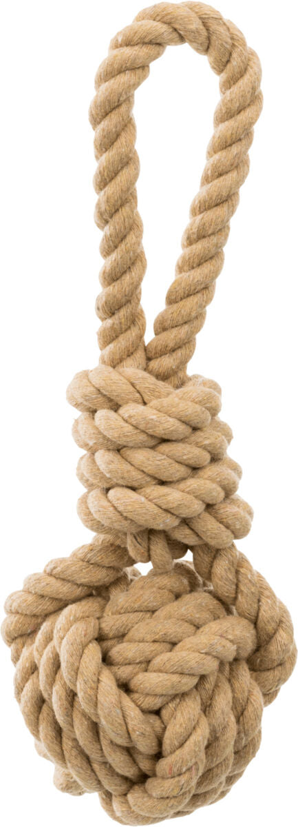 Beigefarbenes Seilspielzeug mit Knoten und Schlaufe, robust und strukturiert geflochten.