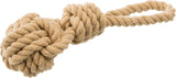 Beiges Tau Spielzeug mit Knoten und Schlaufe aus grobem Seil.